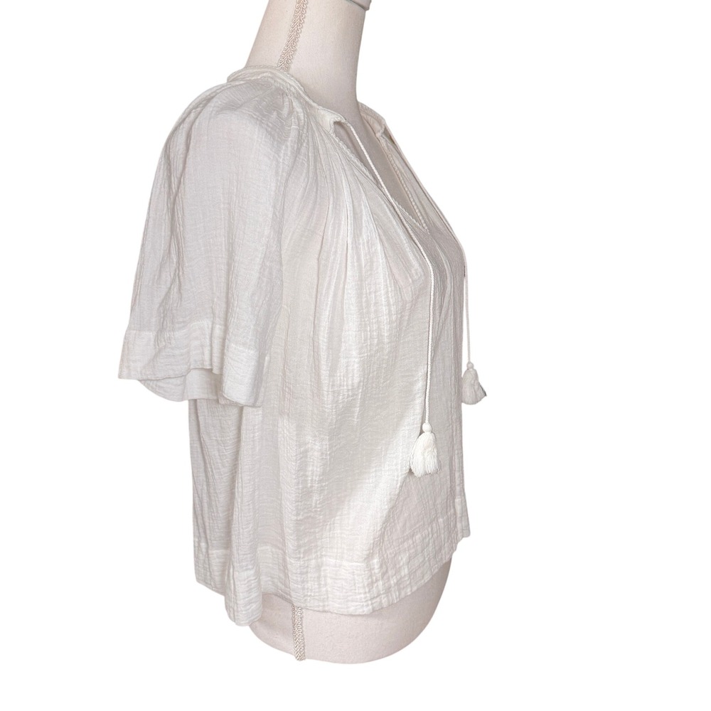 Vince White Cotton Gauze Peasant Blouse Tassel Tie V-Neck Smocked Top XS Boho - Picture 6 of 13